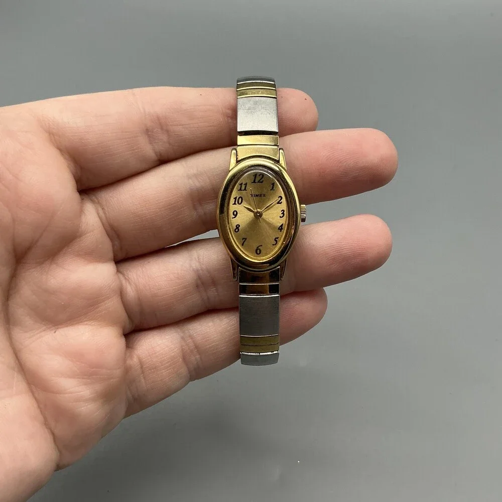 Timex Womens Watch 18mm Champagne Dial Two Tone Gold Silver Stretch New Battery